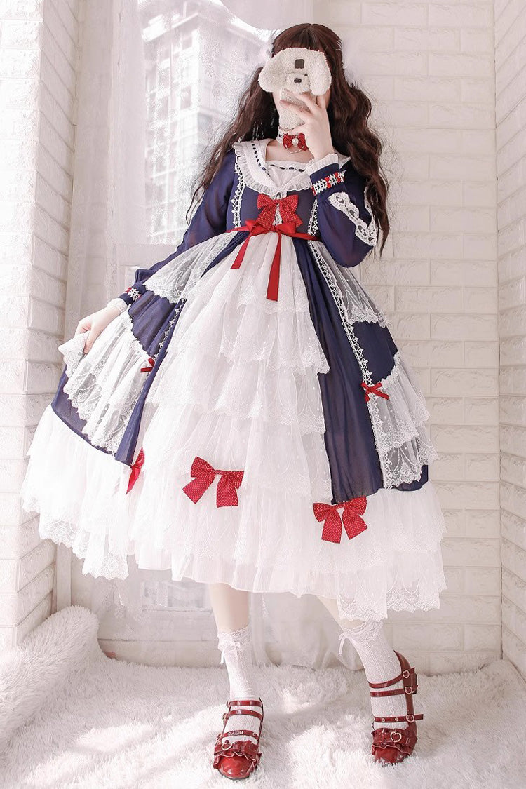 White-Blue Sweet Princess Lolita Long Sleeve Multi-Layer Ruffle Cardigan Dress