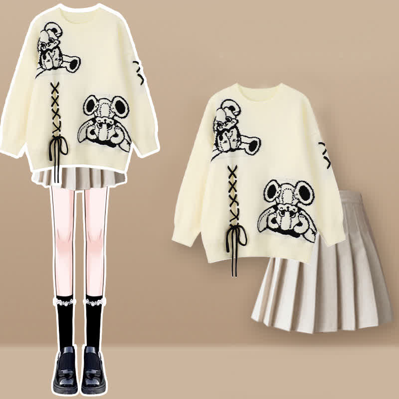 Cartoon Bear Lace Up Sweater Pleated Skirt Set