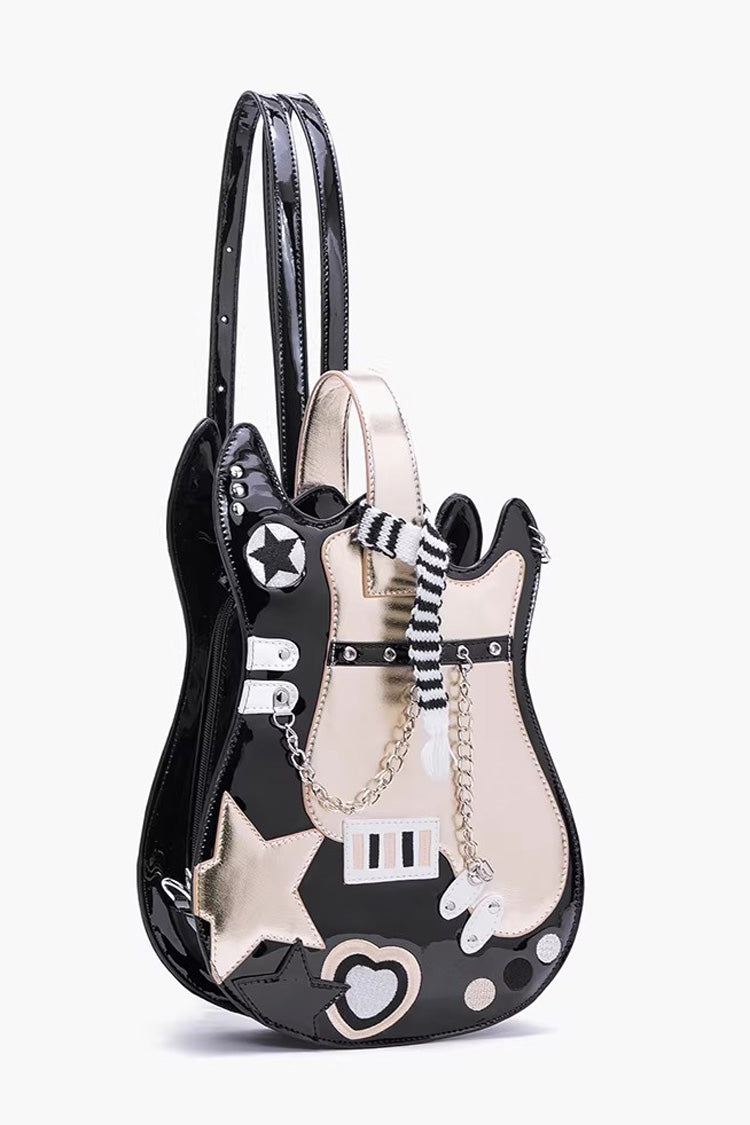 Embroidered Itabag with Guitar Heart and Chain, Color-Block Sweet Lolita