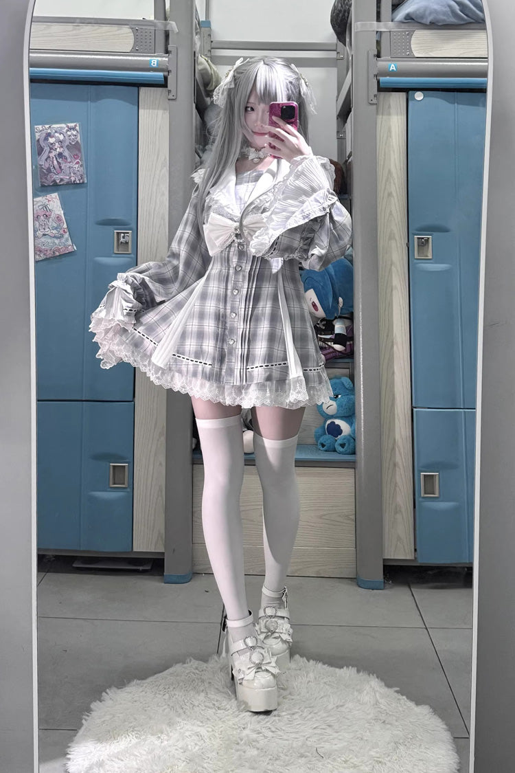 Dark Night Prayer Square Collar Long Sleeve Bow Lace Pearl Sweet Jirai Kei Dress and Shorts Set