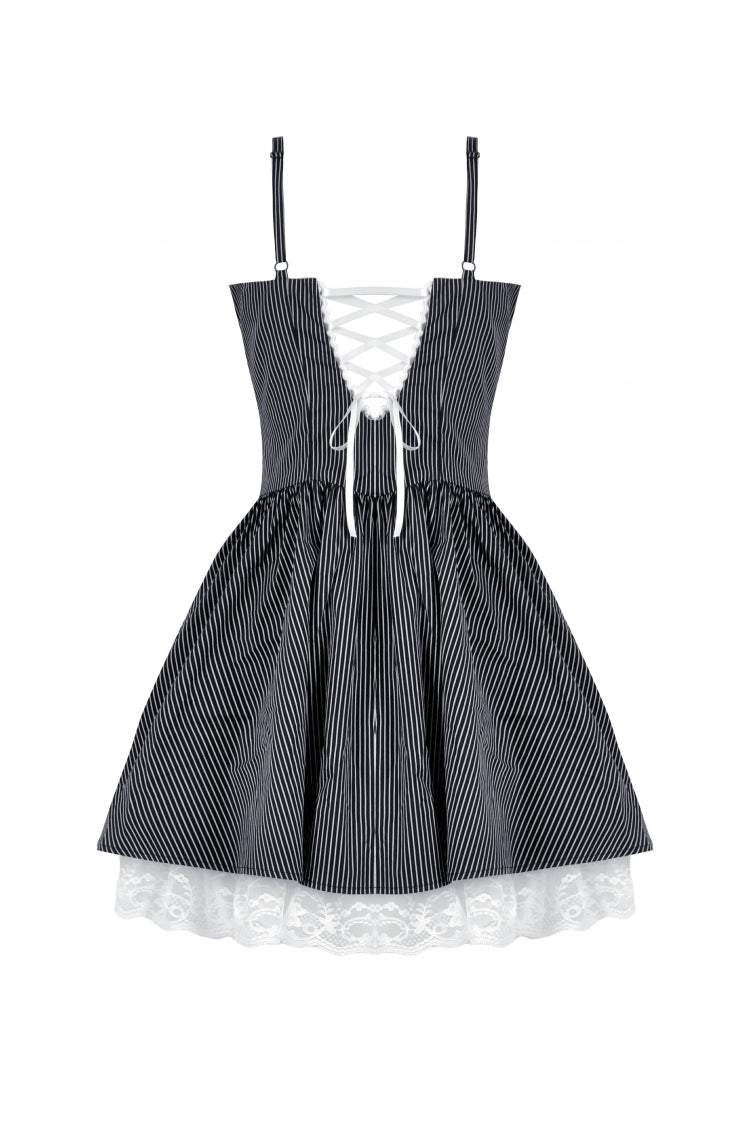 Black/White Pinstriped Sleeveless Lace Lace-Up Women's Gothic Lolita Slip Dress Graduation Dress