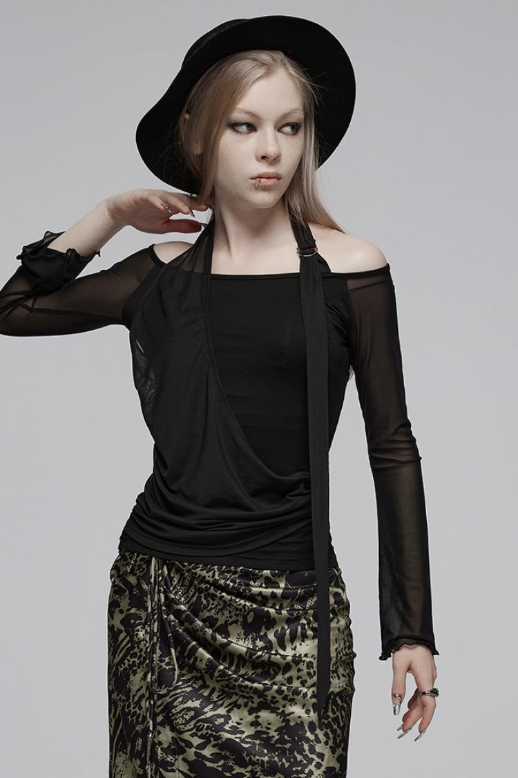 Punk Tee for Her with Boat Neck & Asymmetric Long Sleeves