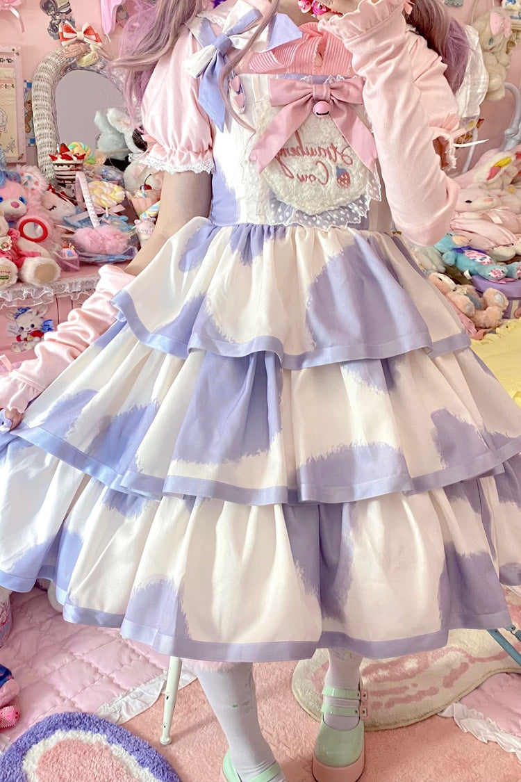 Blue Sleeveless Triple Layer Cow Print Ruffle Bow Sweet Jsk