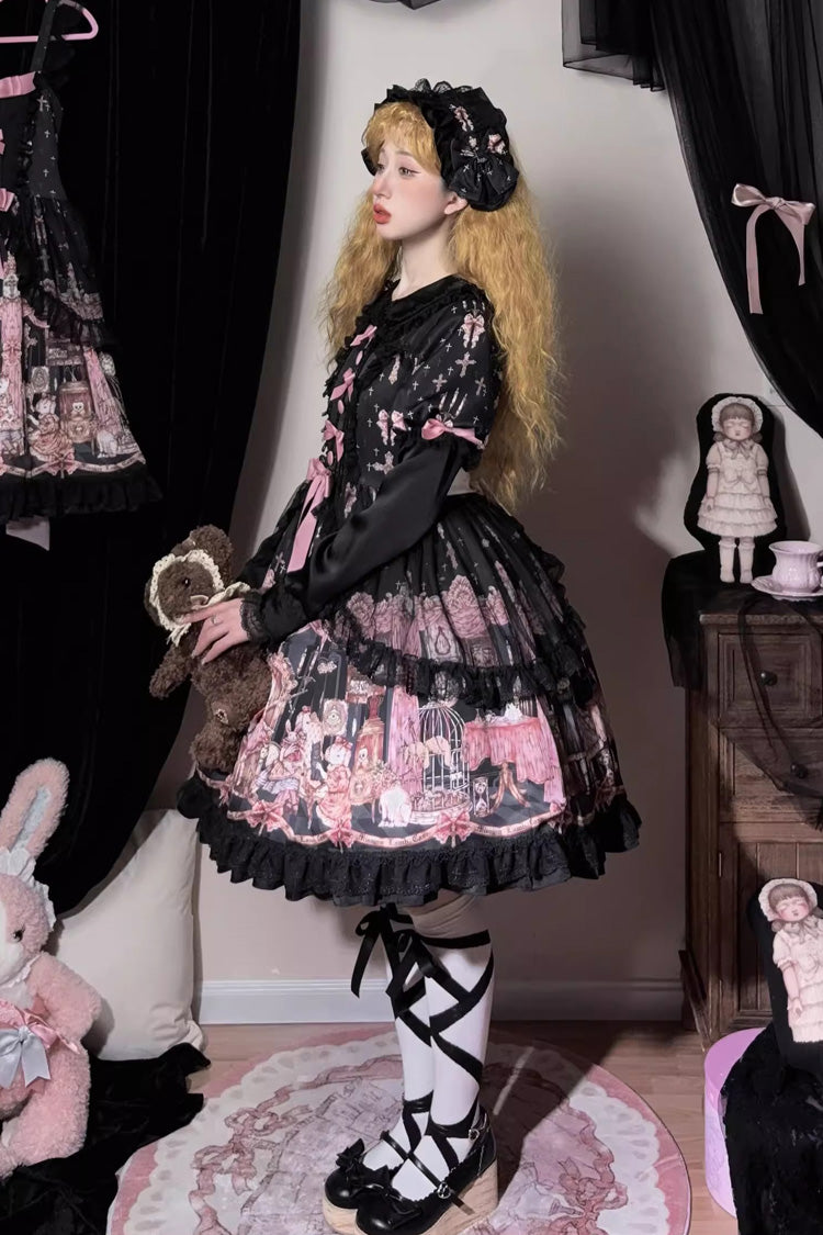Ruffled Lace Dress with Bowknot and Missing Lamb Print