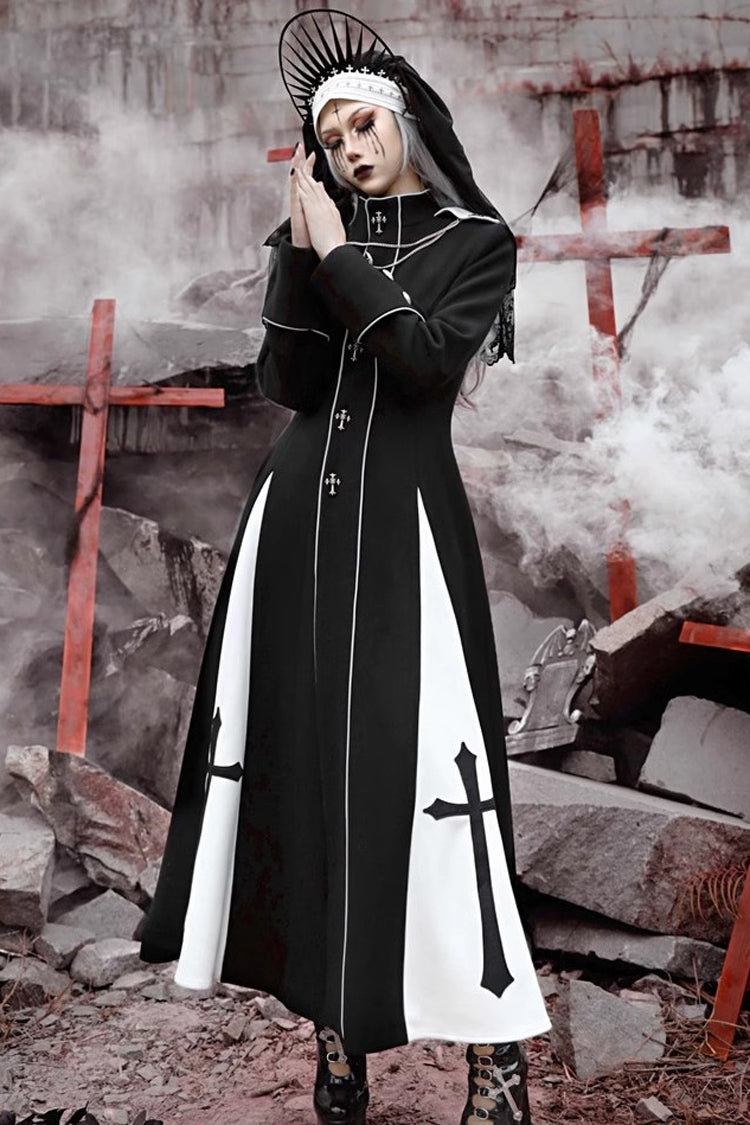 Noir Cross Print Hollow Cardigan Stitched Gothic Long Coat - The Trial of a Nun