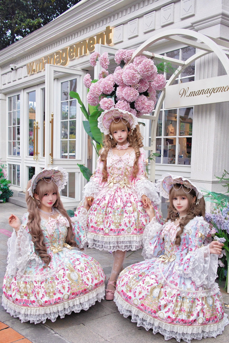 Blue/Pink [Rose Garden Prelude] Square Collar Long Trumpet Sleeves Printed Ruffled Bow Lace Lace-Up Sweet Lolita Dress