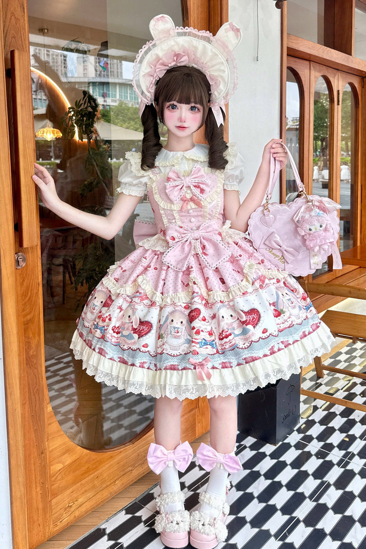 Pink [Cute Rabbit Party] Sleeveless Double-Layered Printed Ruffled Bow Sweet Lolita Jsk Dress