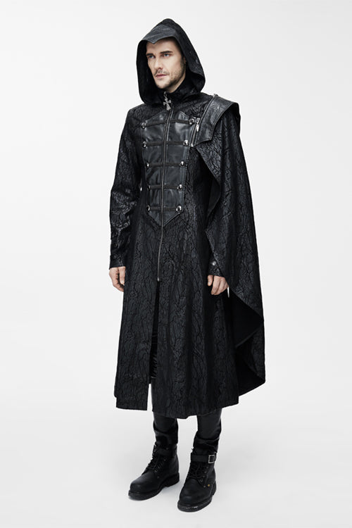 Men's Punk Long Leather Coat with Hooded One Side Shawl Style
