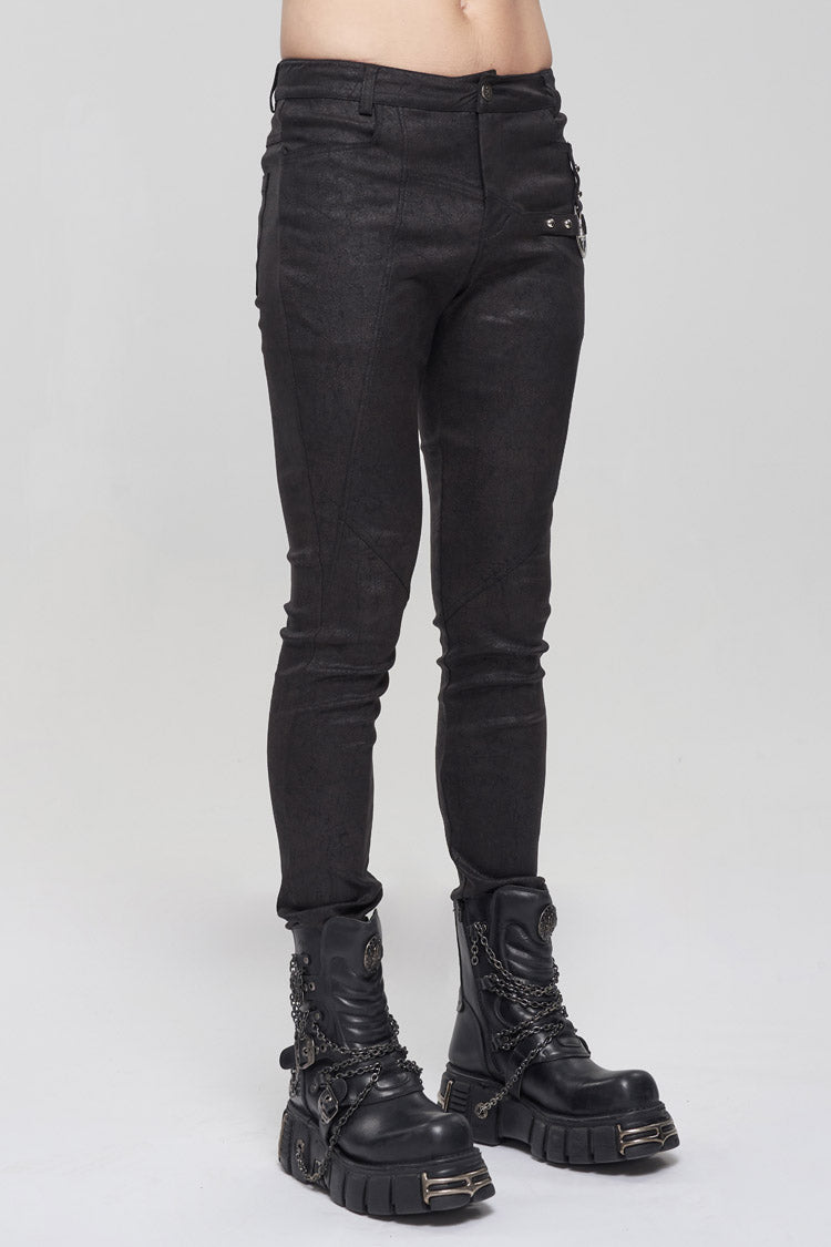 Men's Punk Slim Pants with Metal Pentagram, Crackle Finish and Basic Funds