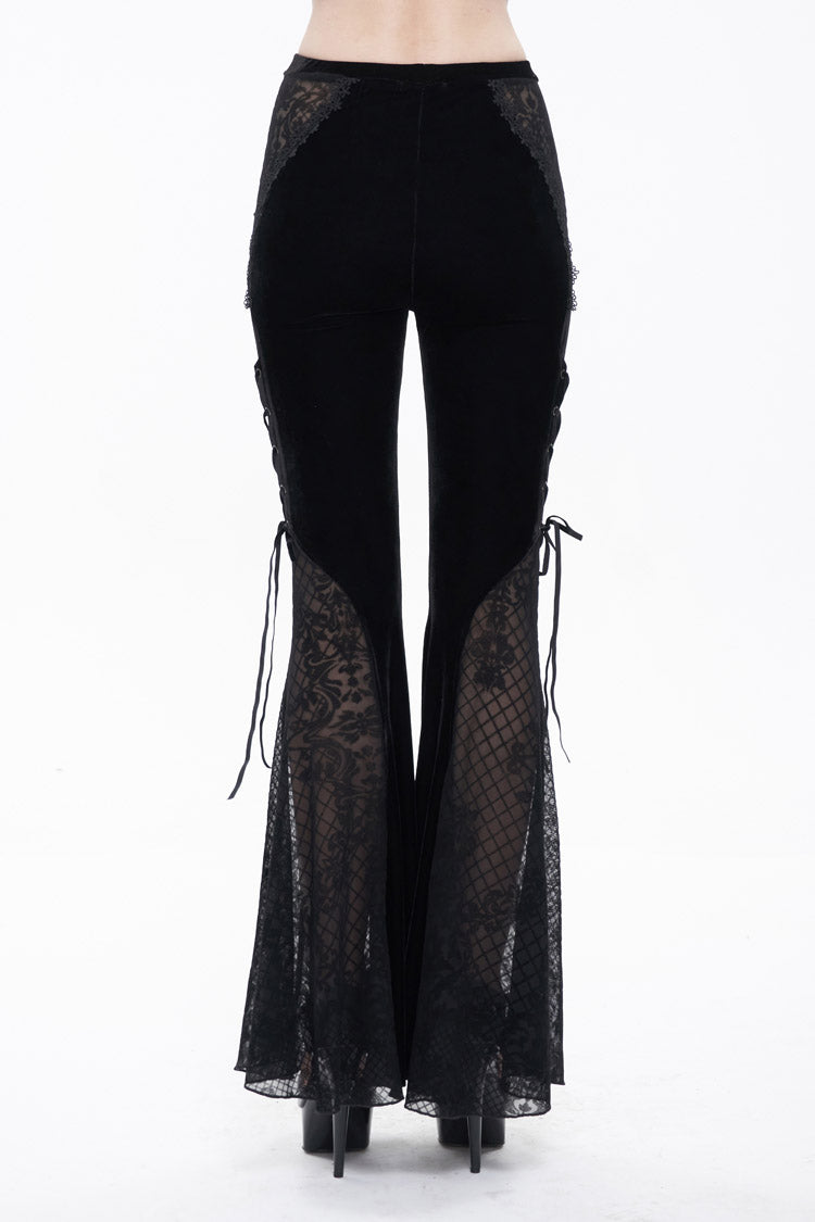 Velvet Jacquard Lace-Up Flared Gothic Trousers with Plaid Accents