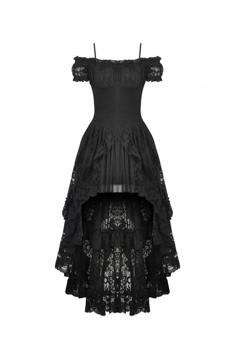 Gothic Dovetail Dress with Off-Shoulder Puff Sleeves & Lace