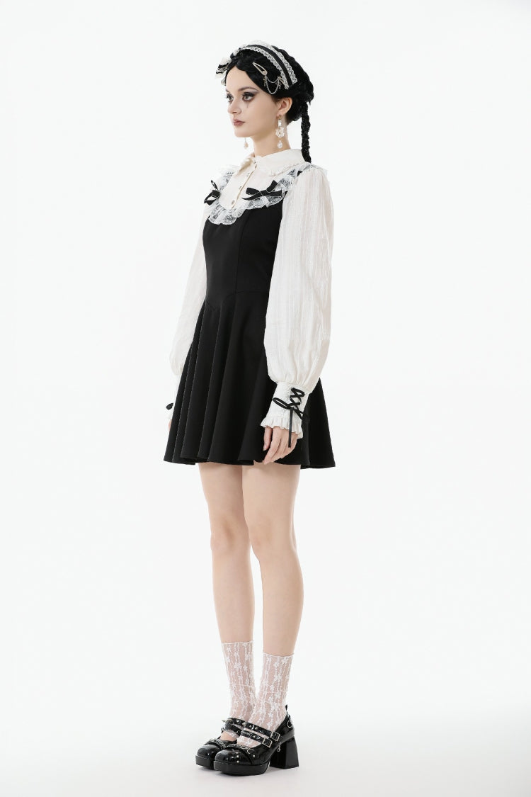Black/White Faux Two-Piece Doll Collar Long Sleeves Lace-Up Women's Lolita Gothic Graduation Dress