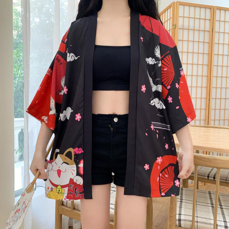 Red Anime Lucky Cat Cardigan Kimono Outerwear