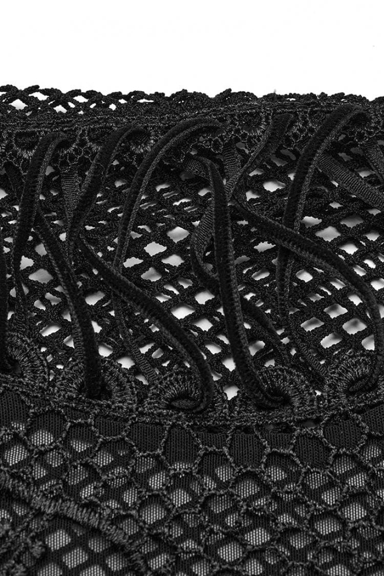 Sheer Mesh Gothic Vest with Lace Embroidery & Adjustable Drawstring for Women