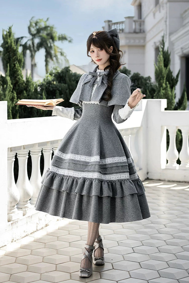Ash Stand-Collar Ruffled Bow Lolita Gown with Poetry Motif