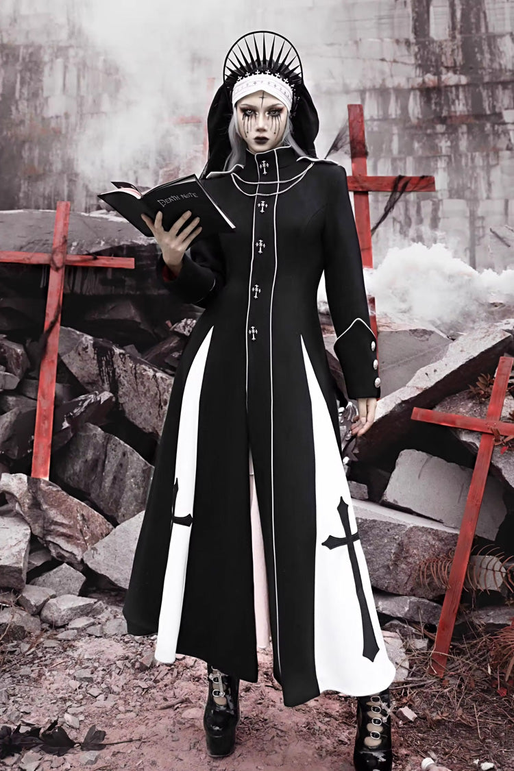 Noir Cross Print Hollow Cardigan Stitched Gothic Long Coat - The Trial of a Nun