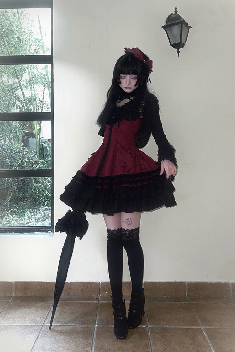 Escape Double-Layered Jacquard Striped Ruffled Slim Gothic Lolita Jumper Dress in Three Shades
