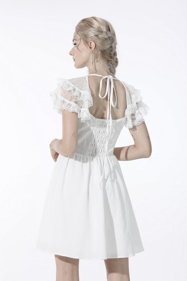 Ivory Layered Lace Square Neckline Strappy Gothic Mini Dress for Women