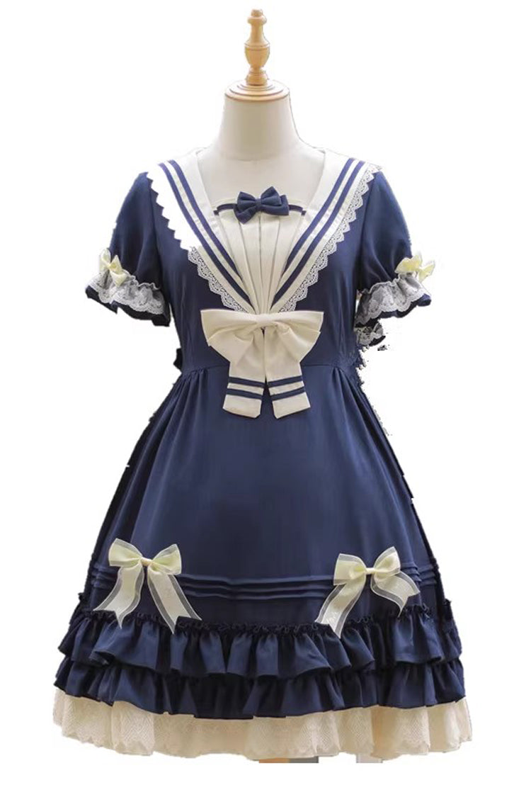 Rhine River Navy Style Short-Sleeved Bowknot Sweet Dress