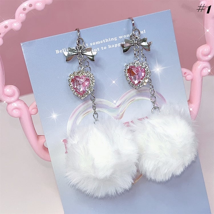 Pompons Rhinestone Detail Jirai Kei Ear Clips