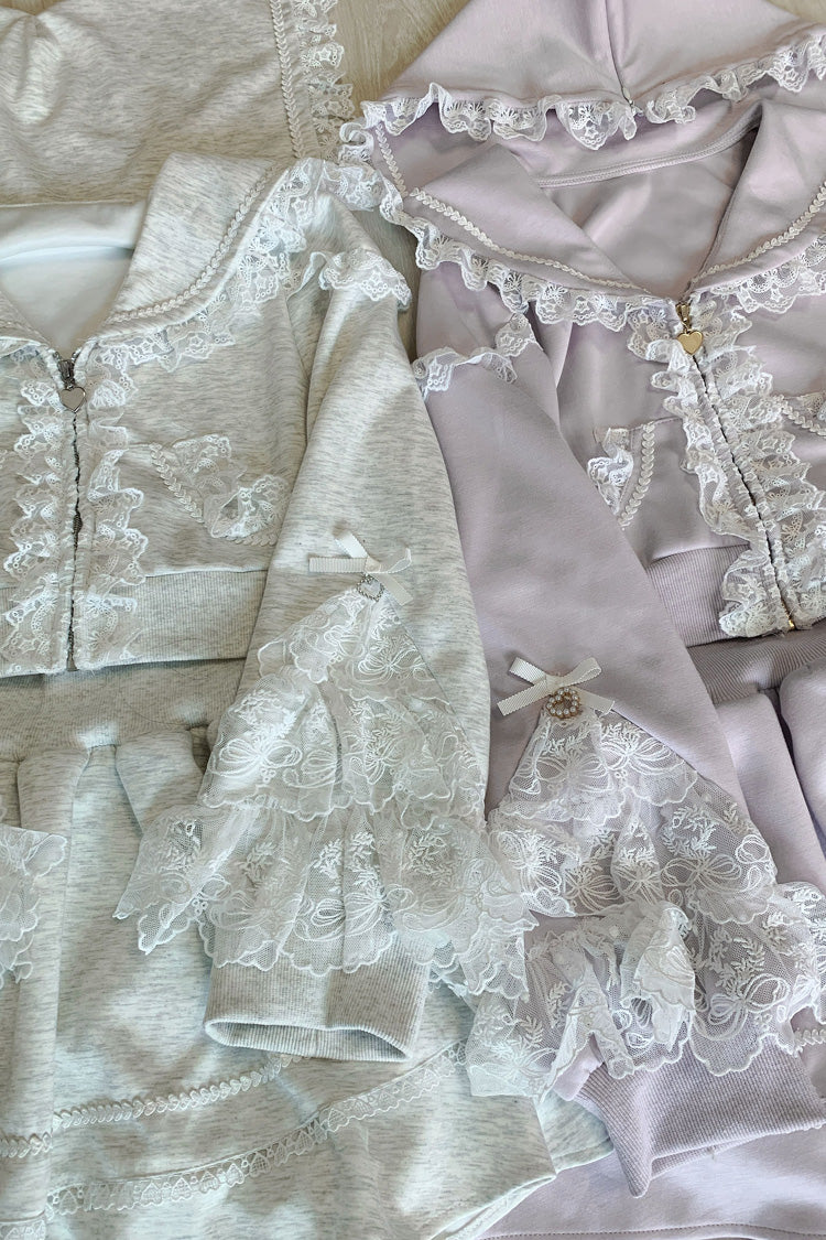 Grey Long Sleeve Ruffled Lace Hooded Jirai Kei Skirt Set
