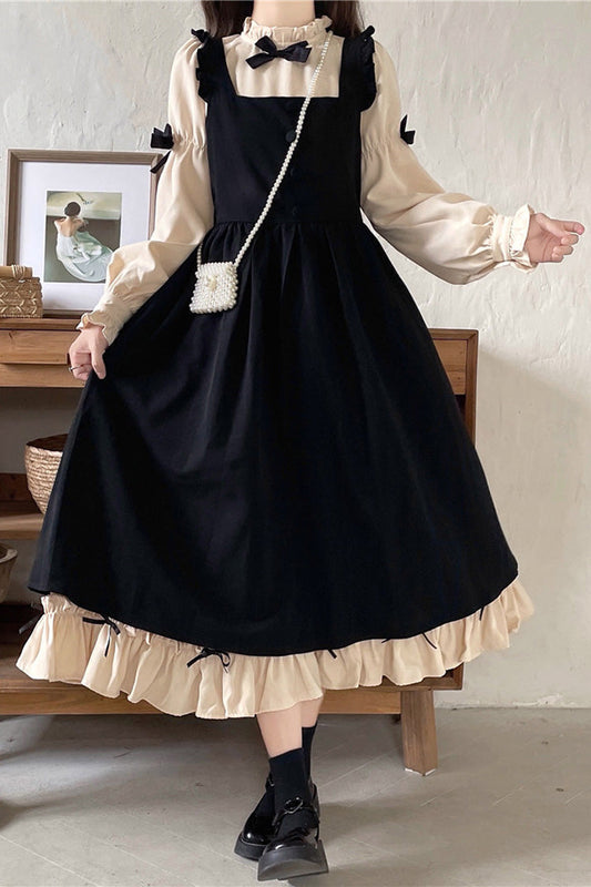 Noir/Apricot Puff Sleeve Bow Ruffle Sweet Dress - Japanese Style