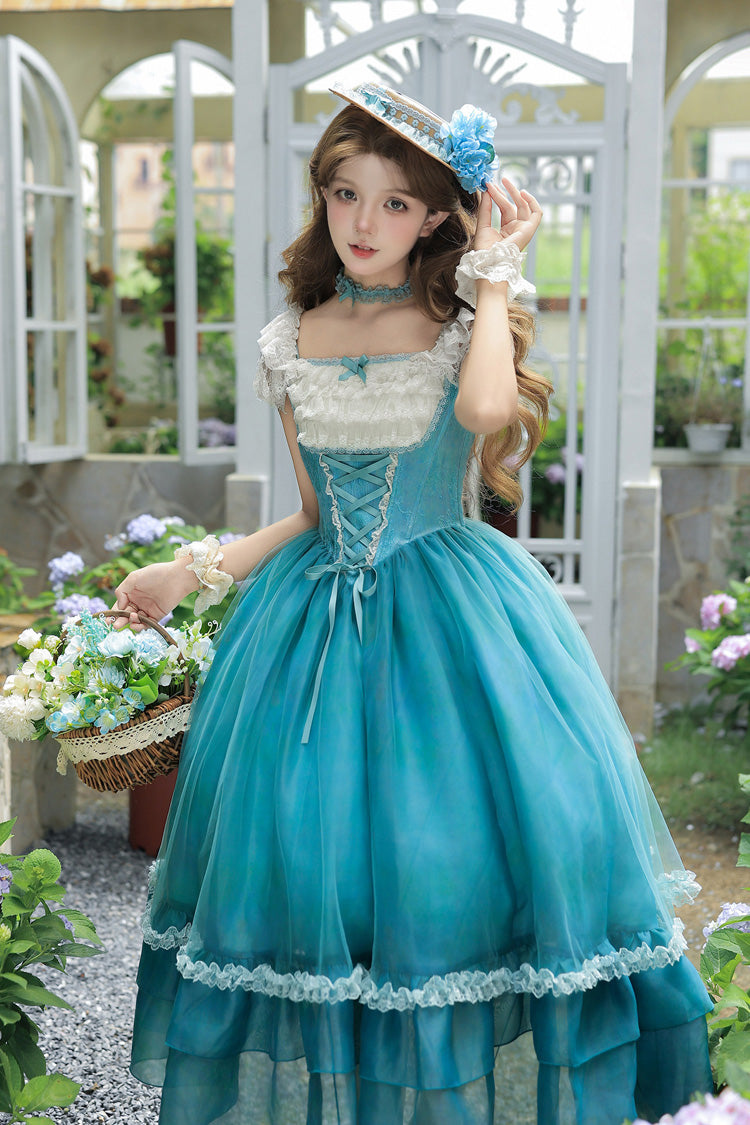 Water Lily Square Collar Ruffled Lace-Up Royal Lolita Dress