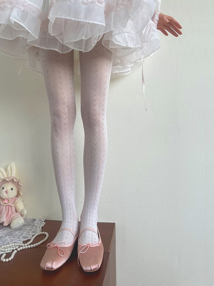 Hollow-out White Lolita Pattern Heart Tights