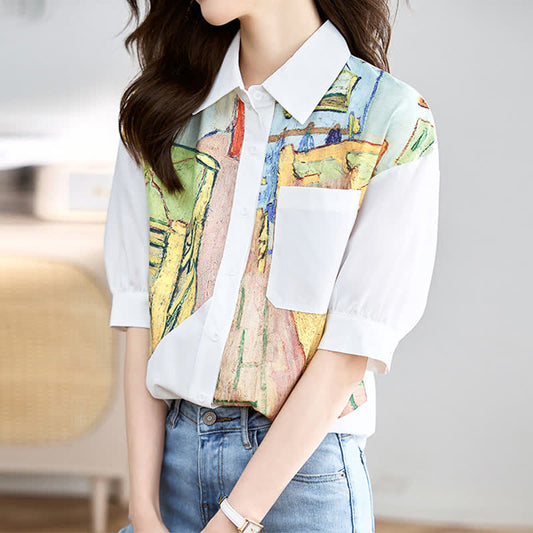 Colorblock Painting Print Pocket Lapel Shirt