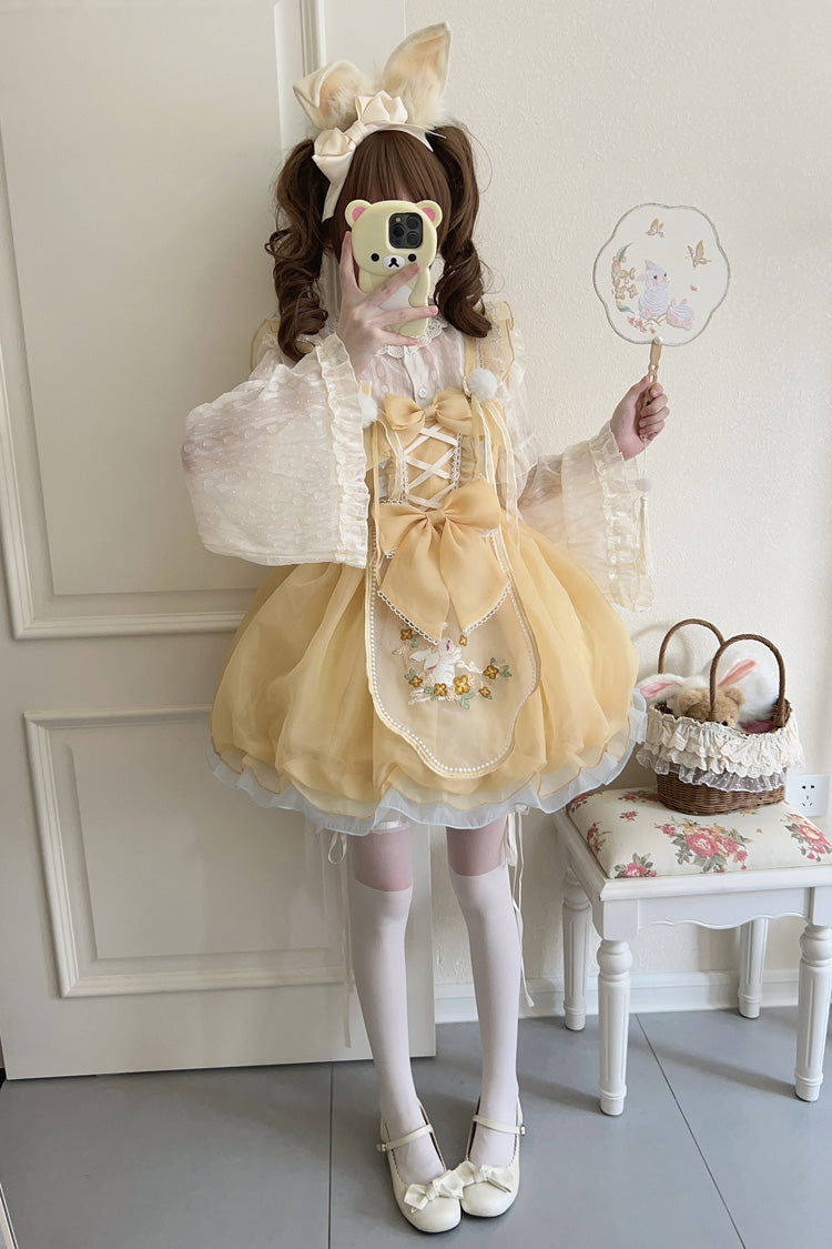 Yellow Moon Rabbit Embroidery Ruffled Bowknot Lace Sweet Lolita JSK