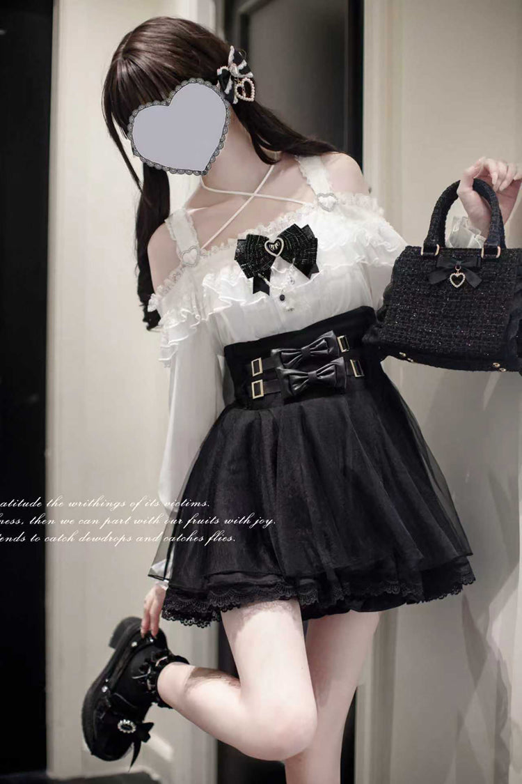 Black Bow Embellished Jirai Kei Skirt - Sweet Japanese Fashion