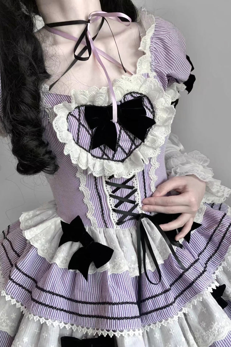 Triple Layer Short Sleeve Striped Ruffle Bow Lace Sweet Jsk