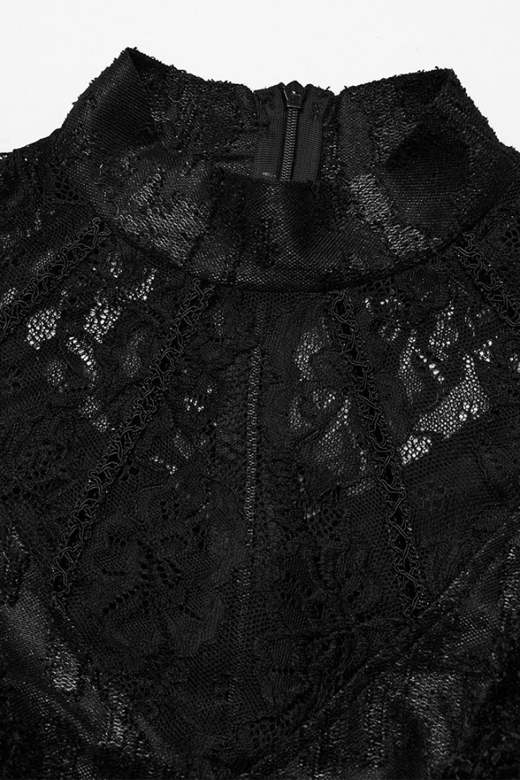 Ebony Long Bell Sleeves Cutout Stitching Lace Mesh Gothic Gown