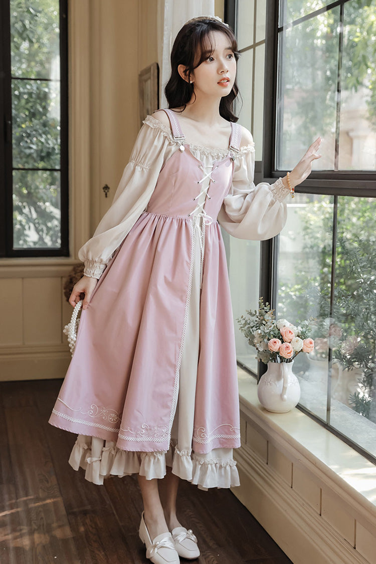 Square Collar Lolita Two-Piece with Lace-Up & Ruffled Details