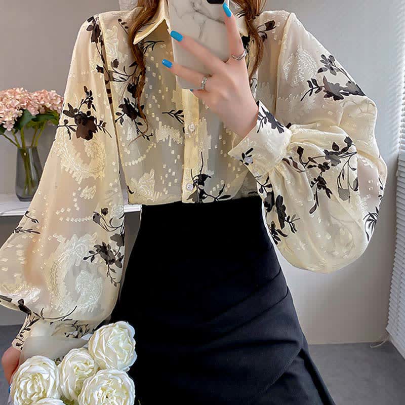 Floral Embroidery Puff Sleeve Chiffon Shirt