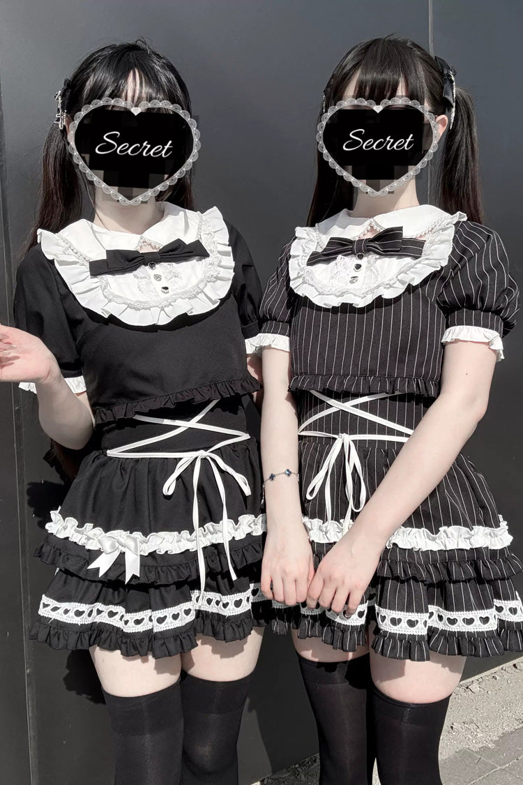 Double-Layered Skirt Set with Doll Collar and Bow Accents