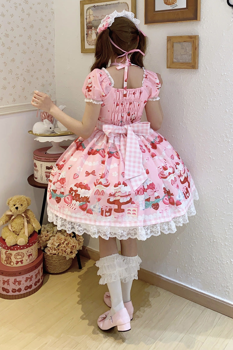 Pink Strawberry Parfait Print Ruffle Bow Lace-Up Lolita Dress