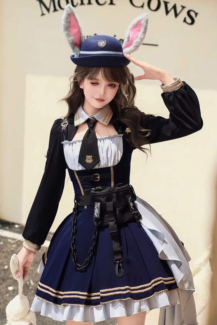 Blue Rabbit Police Officer Ruffled Bow Asymmetric College Style Handsome Jsk Dress