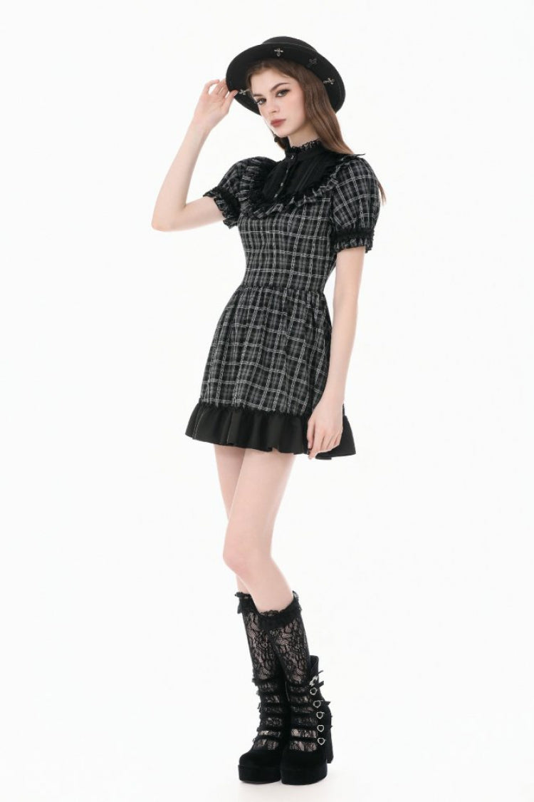 Monochrome Gothic Lolita Dress with Plaid, Stand Collar, and Lace-Up Front