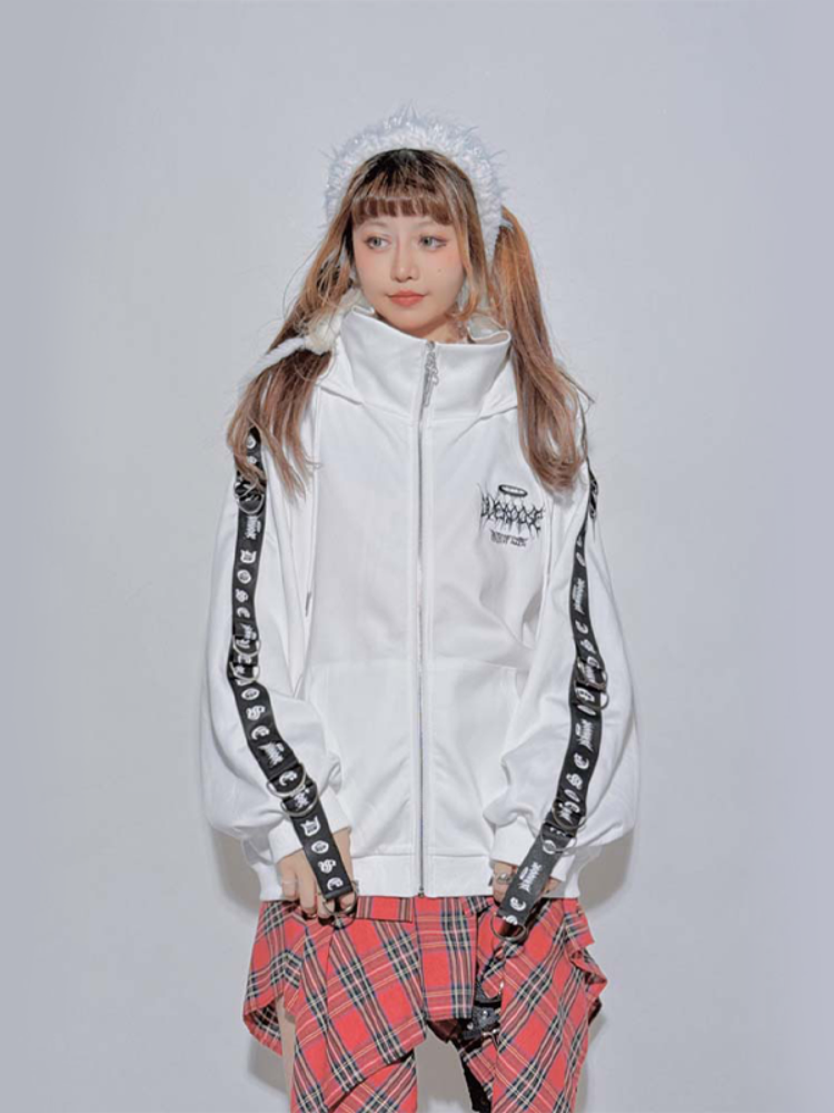 White Punk High-Neck Hooded Loose Jacket