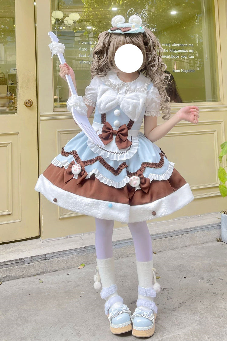 Cream Snow Cat Winter Ruffle Bowknot Sweet Lolita JSK