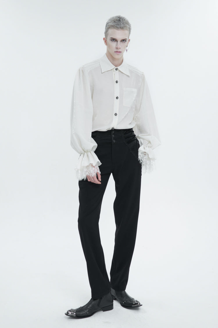 Ivory Gothic Shirt with Puff Sleeves and Lace Hem for Men