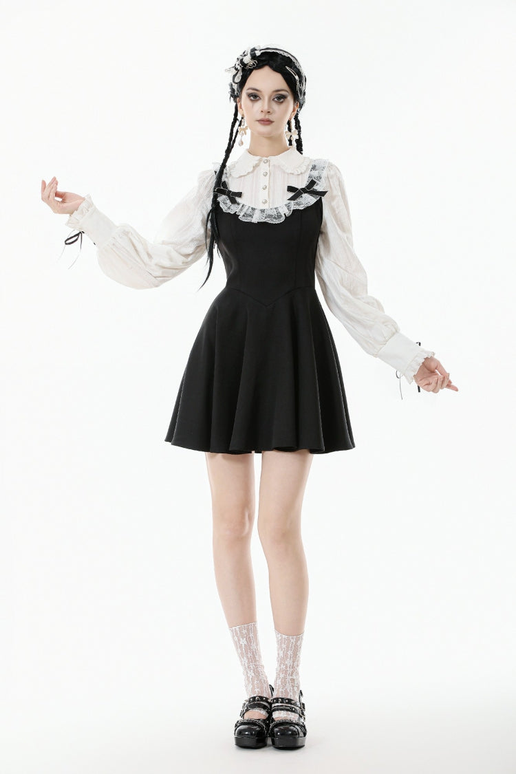 Black/White Faux Two-Piece Doll Collar Long Sleeves Lace-Up Women's Lolita Gothic Graduation Dress
