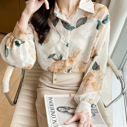 Sweet Floral Puff Sleeve Lapel Chiffon Shirt