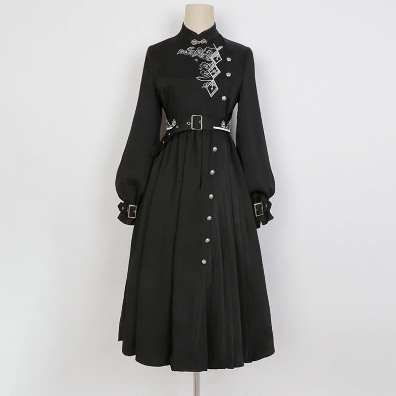 Elegant Black Vintage Embroidery Belted Pleated Dress