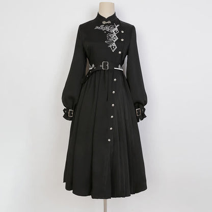 Elegant Black Vintage Embroidery Belted Pleated Dress