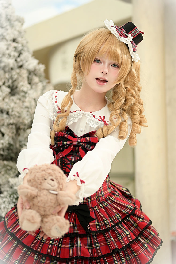 Red Velvet Cake Triple-Layered Printed Ruffled Bow Lace-Up Gothic Elegant Jsk Dress