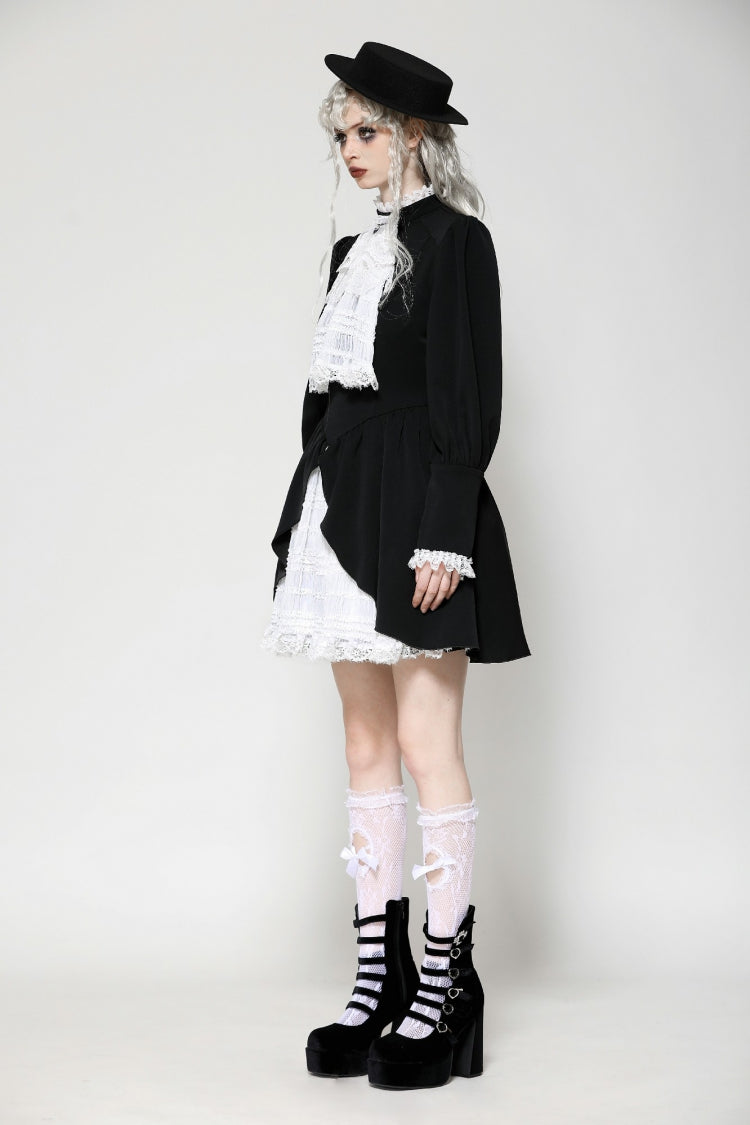 Monochrome Gothic Dress with Pleated Lace, Stand Collar, and Puff Sleeves