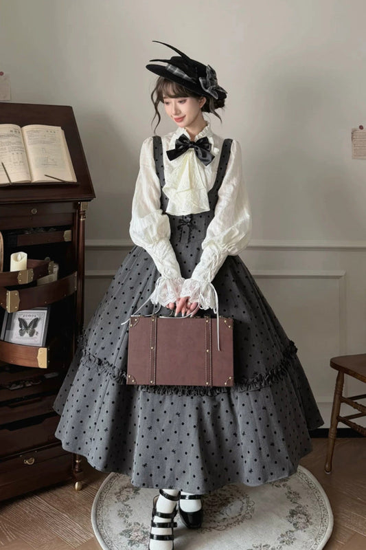 Black [Chapter Seven] Polka Dots Printed Fishbone Classic Elegant Princess Lolita Strap Dress