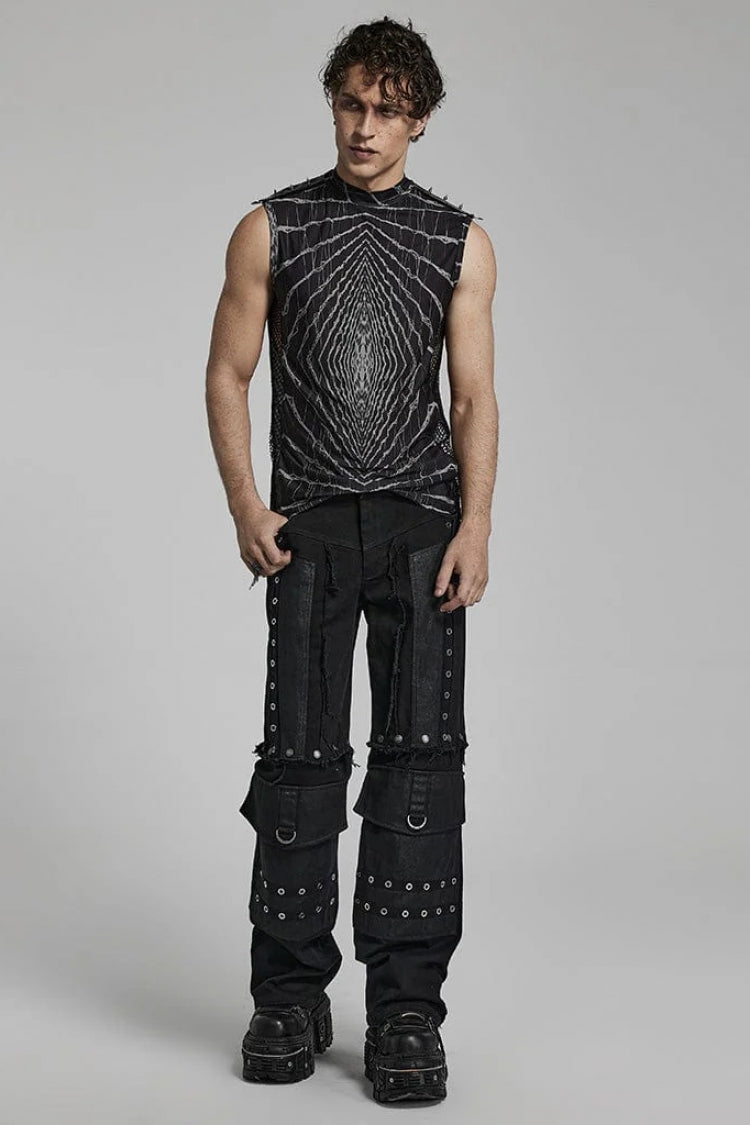 Steampunk T-Shirt with Halo Print, Sleeveless, Mesh and Rivets, 2 Colors